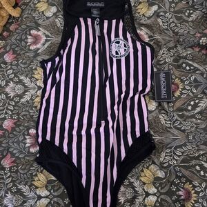 Black Women's Striped One Piece Swimsuit - Pink and Black